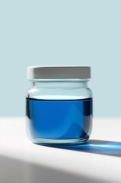 A jar of blue liquid sitting on a table