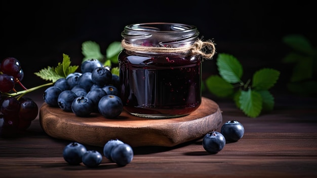 A jar of blueberry jam sits on a wooden table with blueberries on the table.