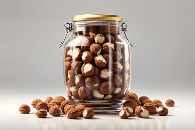 Photo a jar bottle full of hazelnut on white background