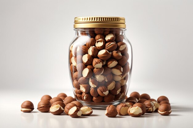 a Jar bottle full of hazelnut on white background