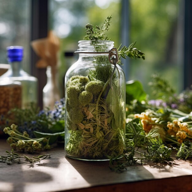 Photo a jar of broccoli sits on a table with other items.