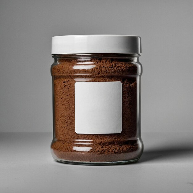 a jar of brown sauce with a white square on the top