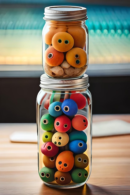 A jar of buttons with the word eyes on it