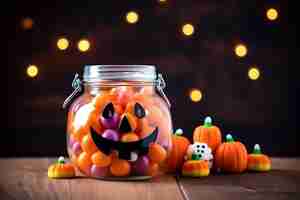 Photo a jar of candy corn with a pumpkin face on the top