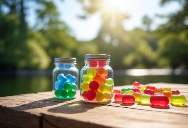 a jar of candy next to a small jar of candy