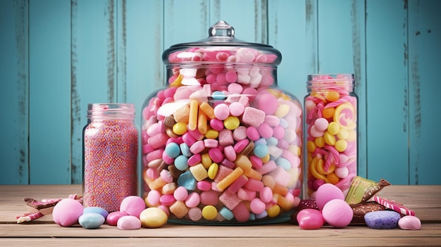 A jar of candy with a jar of candy next to it