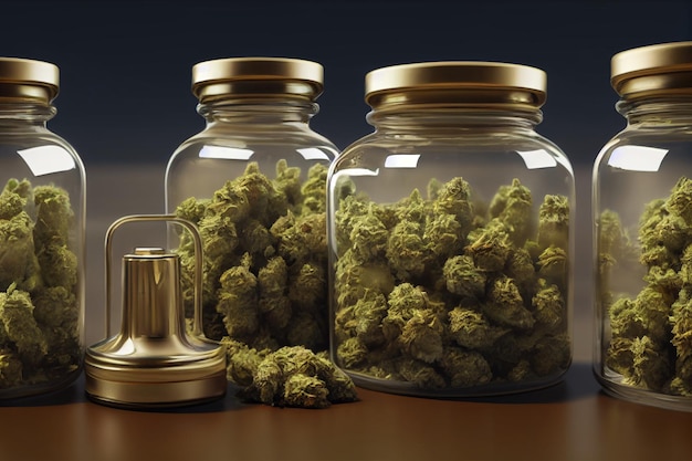 A jar of cannabis sits next to a brass kettle and a jar of cannabis