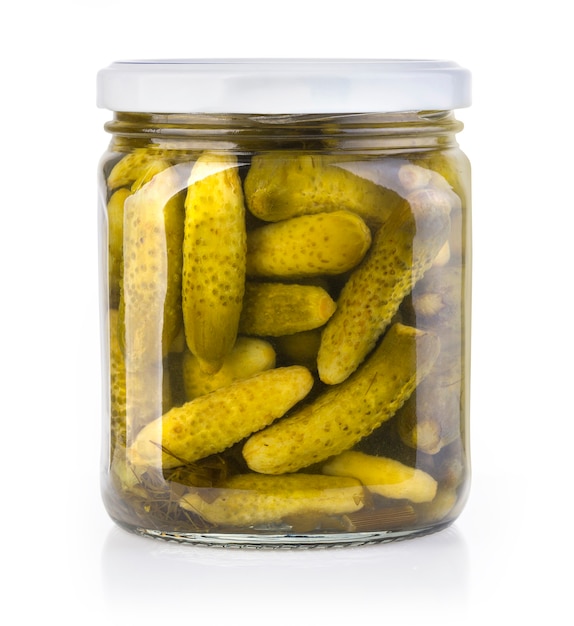 Jar of canned cucumbers isolated on white