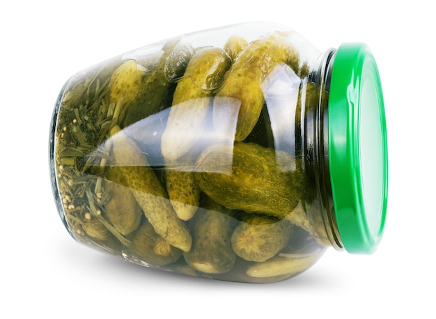 Photo jar of canned cucumbers isolated on white