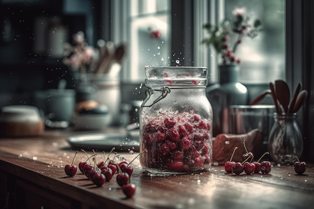 A jar of cherries on a kitchen counter with a spoonful of cherries on the table.