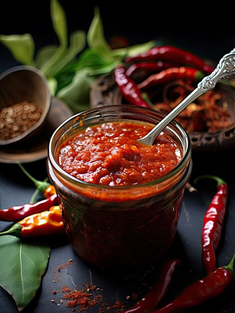 A jar of chili with a spoon in it that says " no beans ".