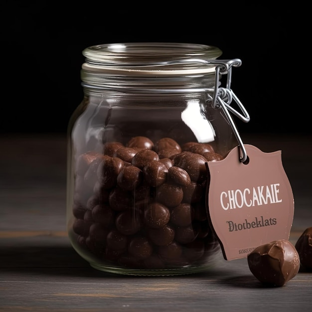 Photo a jar of chocoie chocolatiers sits on a wooden table.