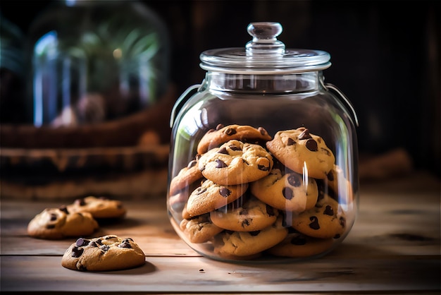 A jar of chocolate chip cookies sits on a wooden table