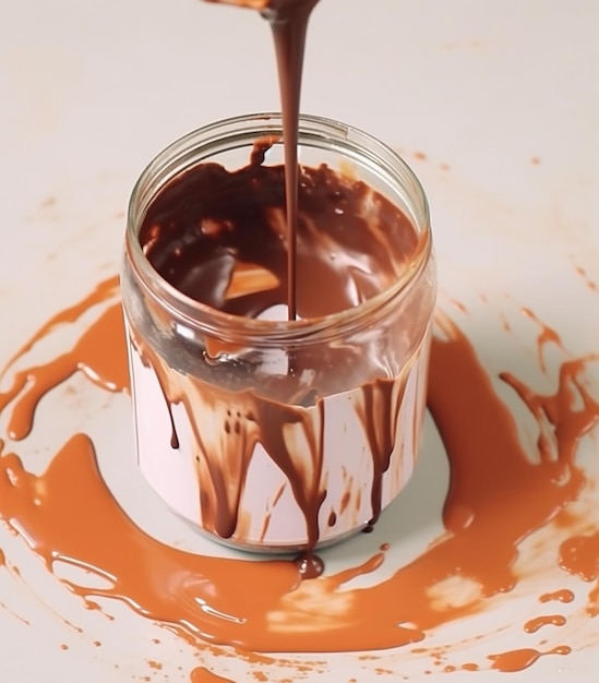 A jar of chocolate fudge sits on a white surface with the word chocolate on it.