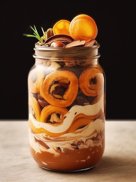 A jar of chocolate and oranges with a black background