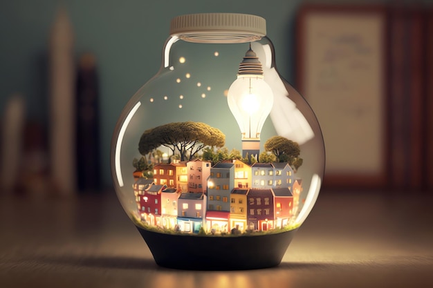 A jar of a city with a light inside