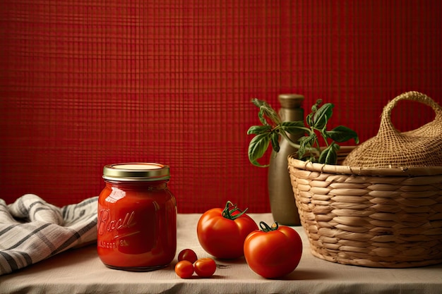 A jar of coca - cola is next to a basket of tomatoes.