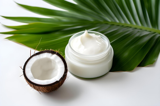 A jar of coconut cream next to a coconut leaf