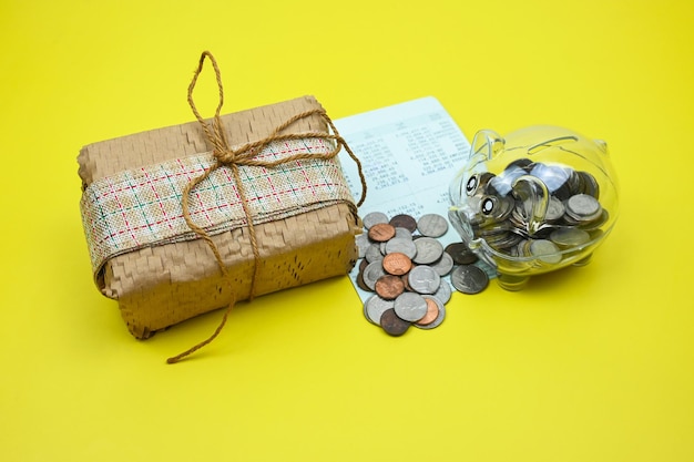 A jar of coins and a piece of paper with a check in it.