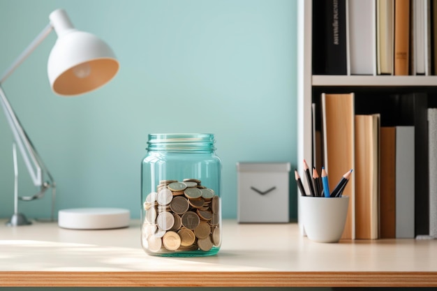 Photo a jar of coins that is on a desk