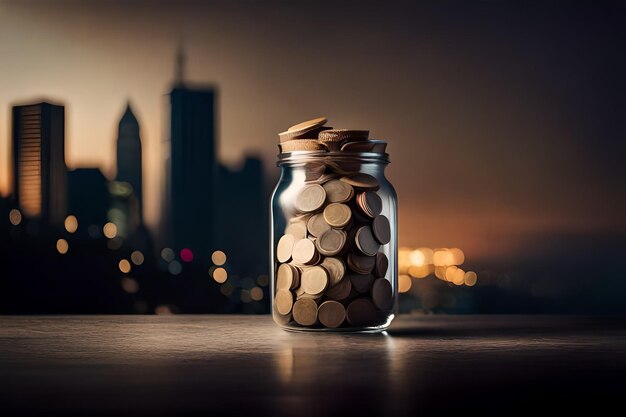 Photo a jar of coins with a city in the background