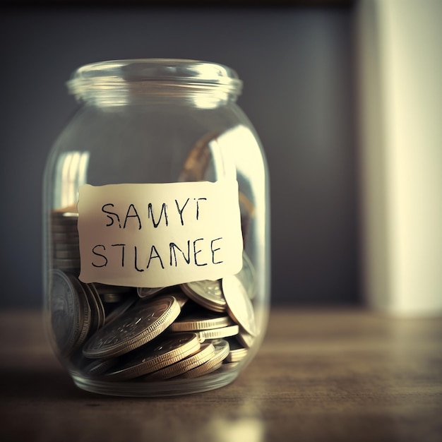 A jar of coins with a label that says " sakty stanne " on it.