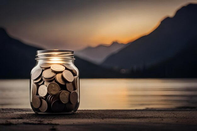 Photo a jar of coins with a mountain in the background.