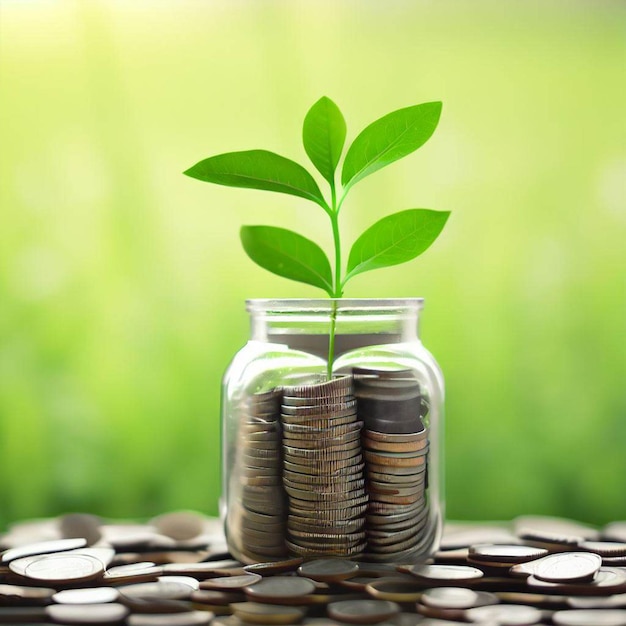 A jar of coins with a plant growing out of it.