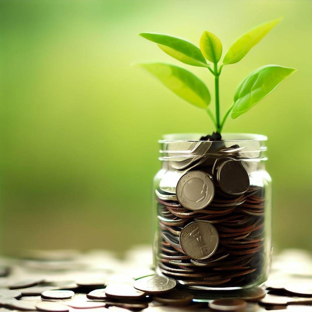 A jar of coins with a plant growing out of it.