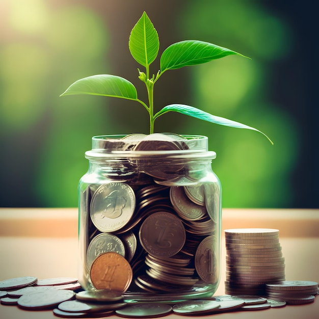 A jar of coins with a plant growing out of it