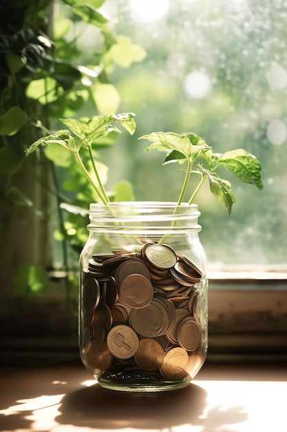 A jar of coins with a plant growing out of it