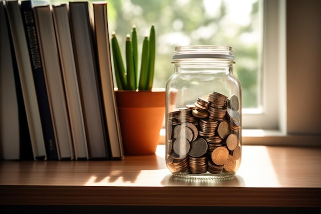 Photo a jar of coins with a plant in it and a pot with a plant in it.