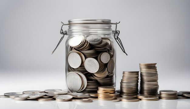 a jar of coins with a silver tin with a silver band around it