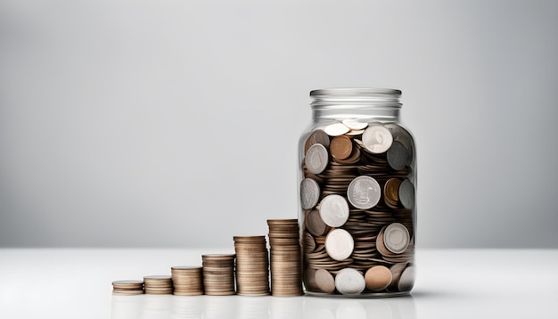 a jar of coins with a stack of coins in it with a stack of coins in the middle