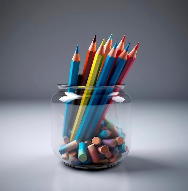 A jar of colored pencils is filled with colored pencils.