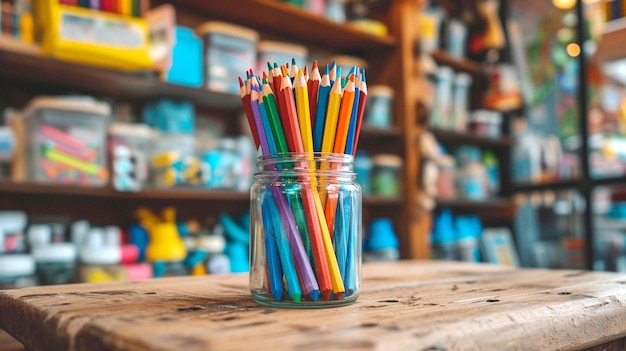 A jar of colored pencils sits on a table in front view