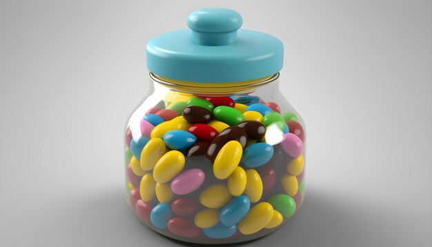 A jar of colorful candy sits on a table.