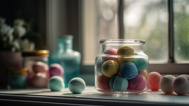 A jar of colorful easter eggs sits on a windowsill next to a vase of colorful easter eggs.