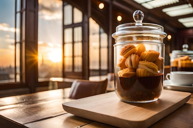 A jar of cookies sits on a table with a sunset in the background.