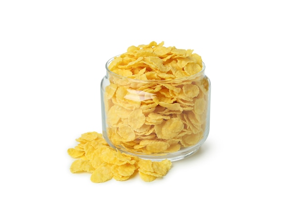 Jar of corn flakes isolated on white background