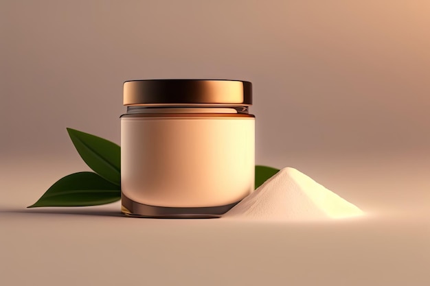 A jar of cosmetic cream with leaves on the background and powder on the side