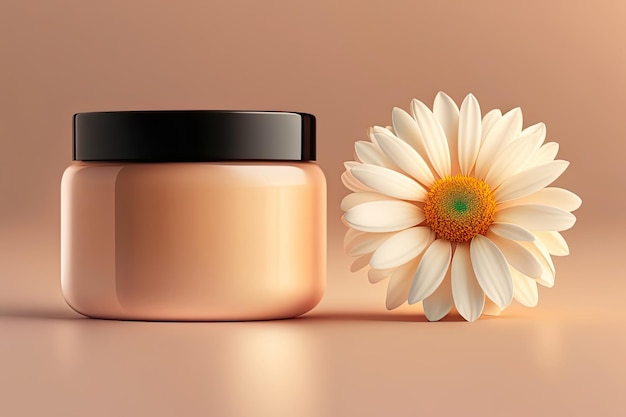 A jar of cream next to a flower