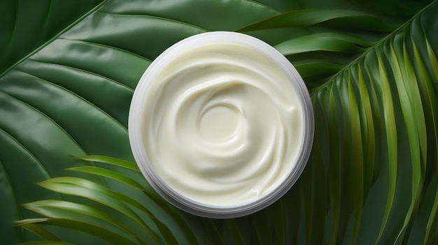 A jar of cream on a green leaf Natural cosmetic skin cream