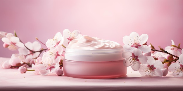 A jar of cream on a pink floral background Place for a logo High quality photo Generative AI