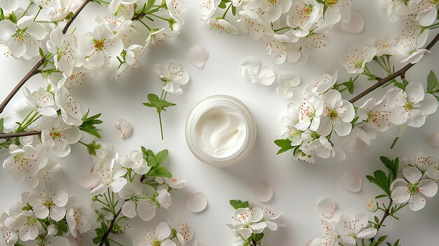 A jar of cream surrounded by white flowers on a white surface with leaves and stems on it with a