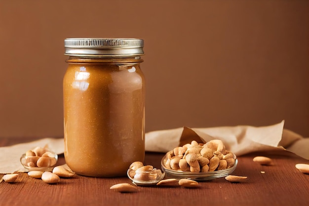 Photo jar of creamy natural peanut butter on table