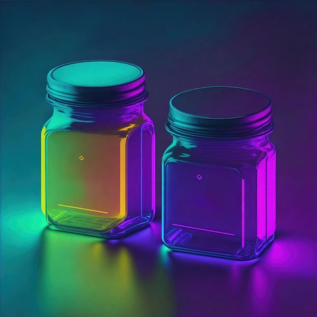 Photo jar design mockup bottle glass with cap neon lights