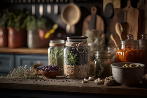 A jar of dried herbs sits on a table with a wooden spoon on the side.