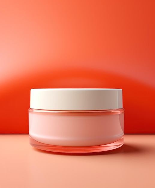 Photo jar of face cream on a pink shelf