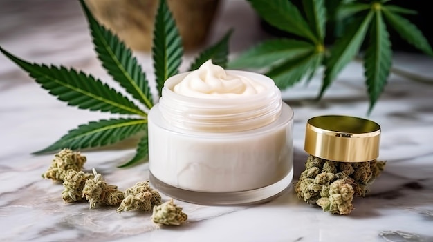 Jar of face cream stands on a marble background surrounded by marijuana leaves